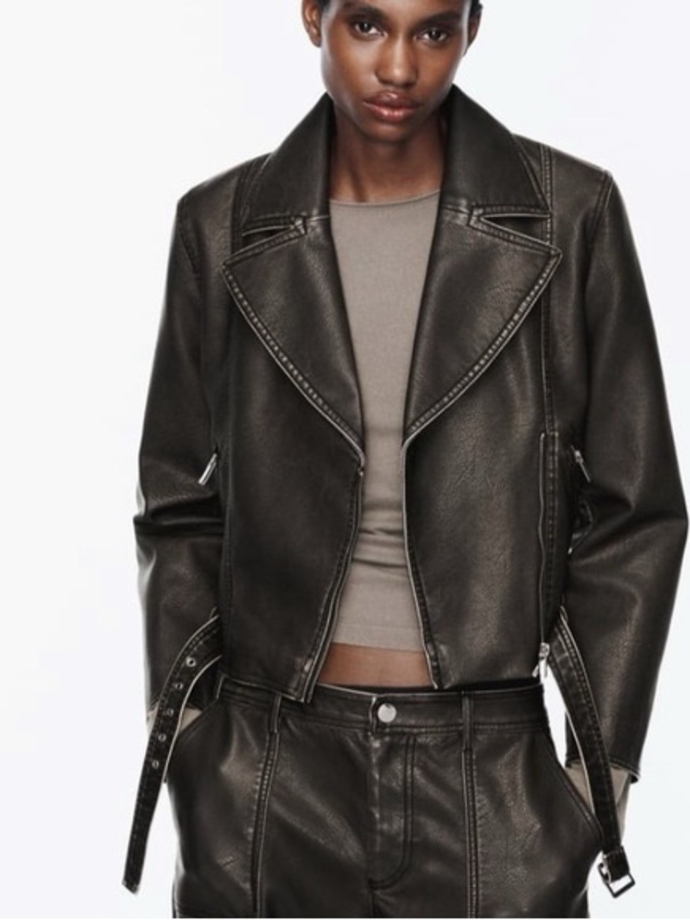 Zara Worn Effect Belted Faux Leather Biker Jacket size L